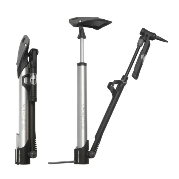 REVERSIBLE PRESTA & SCHRADER 2- TONE T- HANDLE UNIVERSAL HOSE ROTATE STORAGE FOR BETTER OPERATION  OPERATE LIKE A MICRO FLOOR PUMP  11'' LENGTH  MAX PRESSURE 140PSI PRECISE INLINE GUAGE