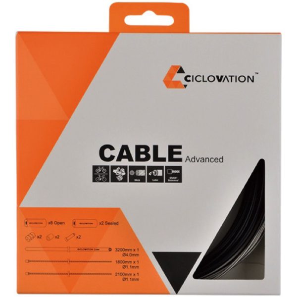 CICLOVATION UNIVERSAL FOR ROAD & MOUNTAIN, SHIFT SET, SHIMANO/SRAM SYSTEM. STAINLESS-SLICK CABLE WITH 4MM LINEAR LUBE SHIFT OUTER CASING. END CAPS AND PARTS INCLUDED. BLACK