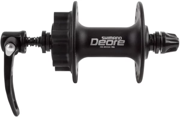 SHIMANO "FRONT HUB, DEORE(01) HB-M525A QR 32H BLACK OLD:100MM AXLE:108MM FOR DISC BRAKE (6 BOLT), SHIMANO LOGO, IND.PACK"